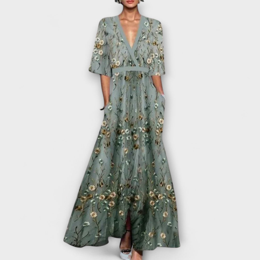 Lauren - Chic Floral V-Neck Bohemian Dress with Belt