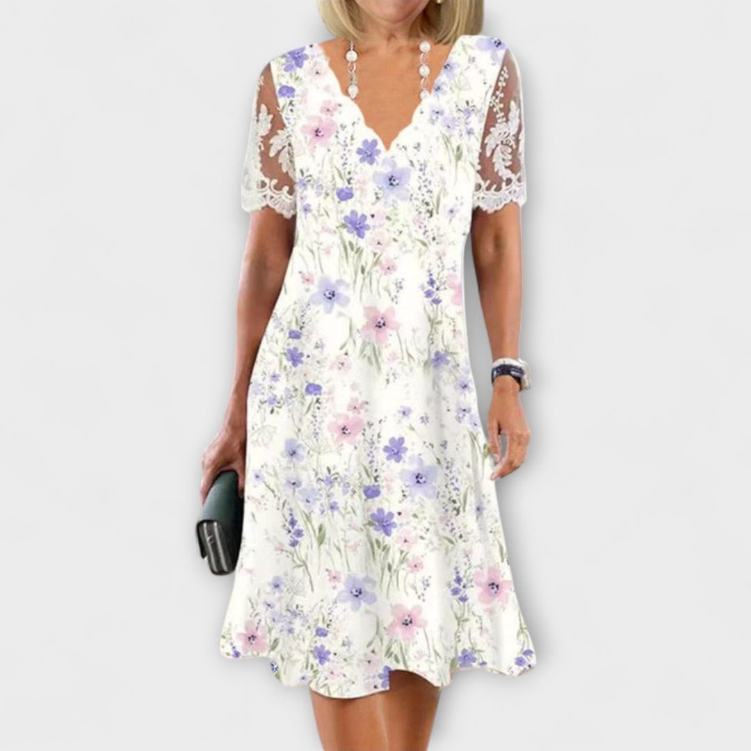 Harlyn - Charming Floral Lace Midi Dress with Patchwork Design