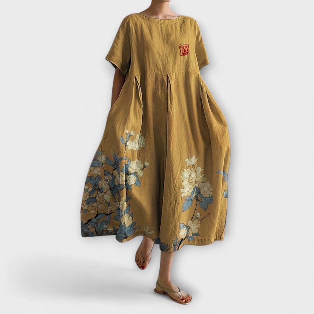 Seline - Golden Floral Midi Dress