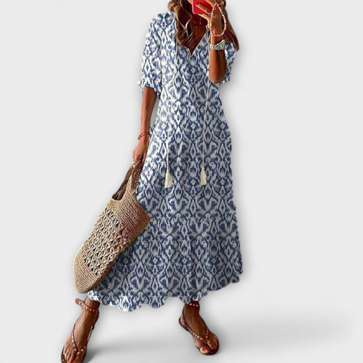 Andrea - Vintage-Inspired Boho V-Neck Printed Dress