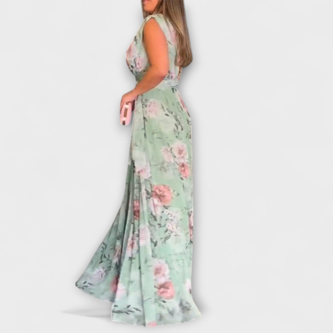Gia - Floral Print Sleeveless Maxi Dress with Split Hem