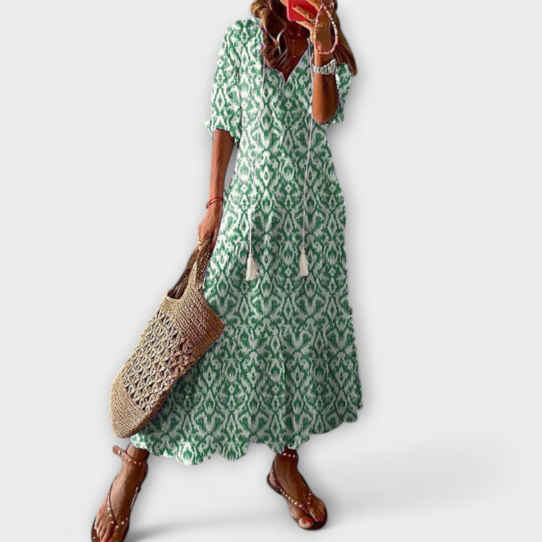 Andrea - Vintage-Inspired Boho V-Neck Printed Dress