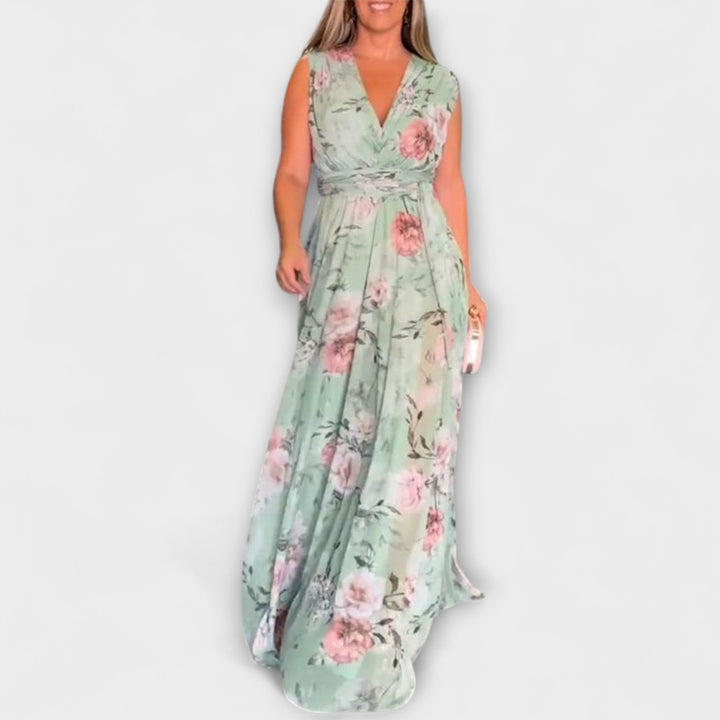 Gia - Floral Print Sleeveless Maxi Dress with Split Hem