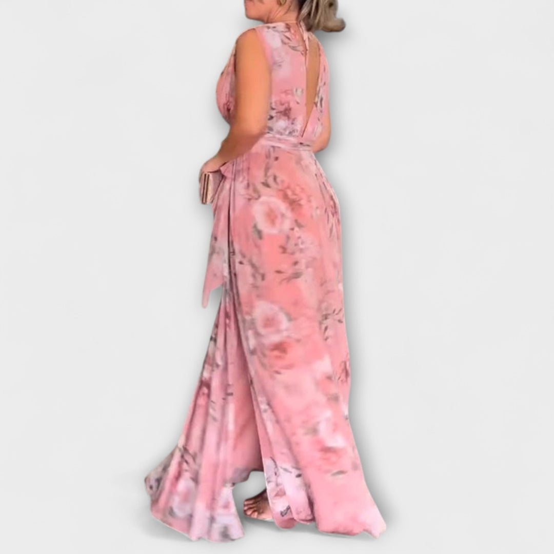 Gia - Floral Print Sleeveless Maxi Dress with Split Hem