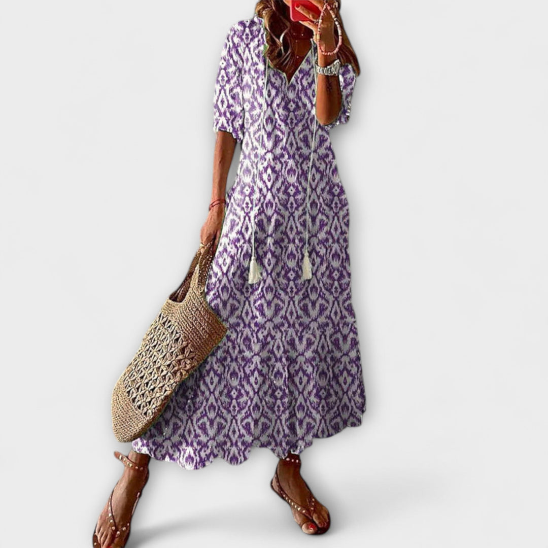 Andrea - Vintage-Inspired Boho V-Neck Printed Dress