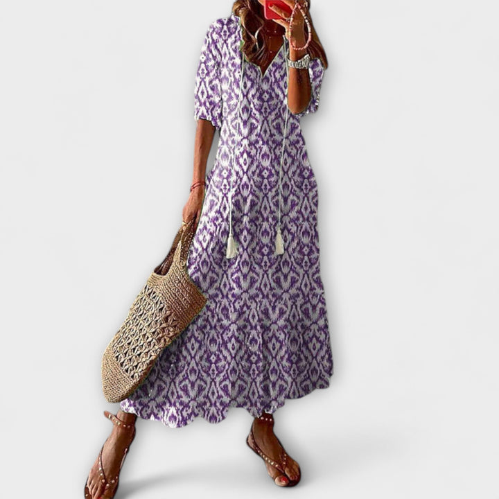 Andrea - Vintage-Inspired Boho V-Neck Printed Dress