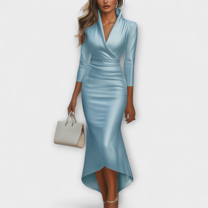 Rebecca - Elegant White Satin Midi Dress with V-Neck