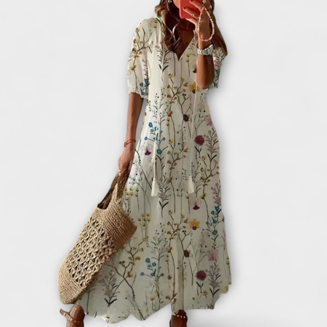 Andrea - Vintage-Inspired Boho V-Neck Printed Dress