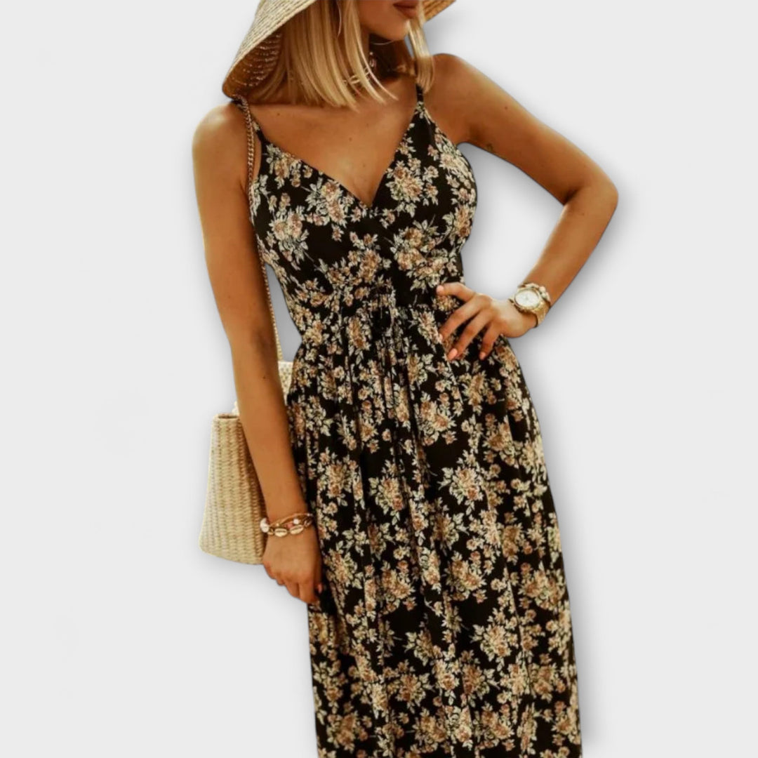 Hattie - Ruffled Waistband Commuter Dress with Printed Design