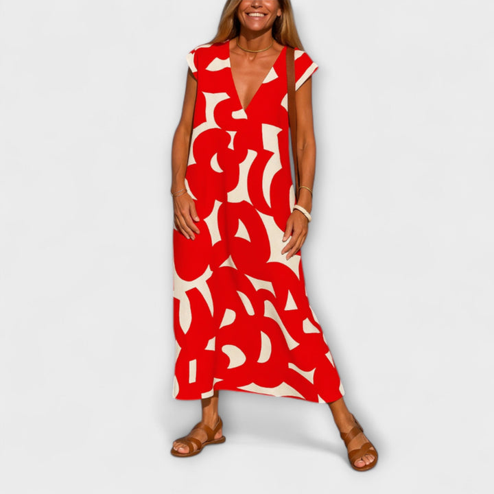 Tirzah - Elegant V-Neck Dress with Geometric Print