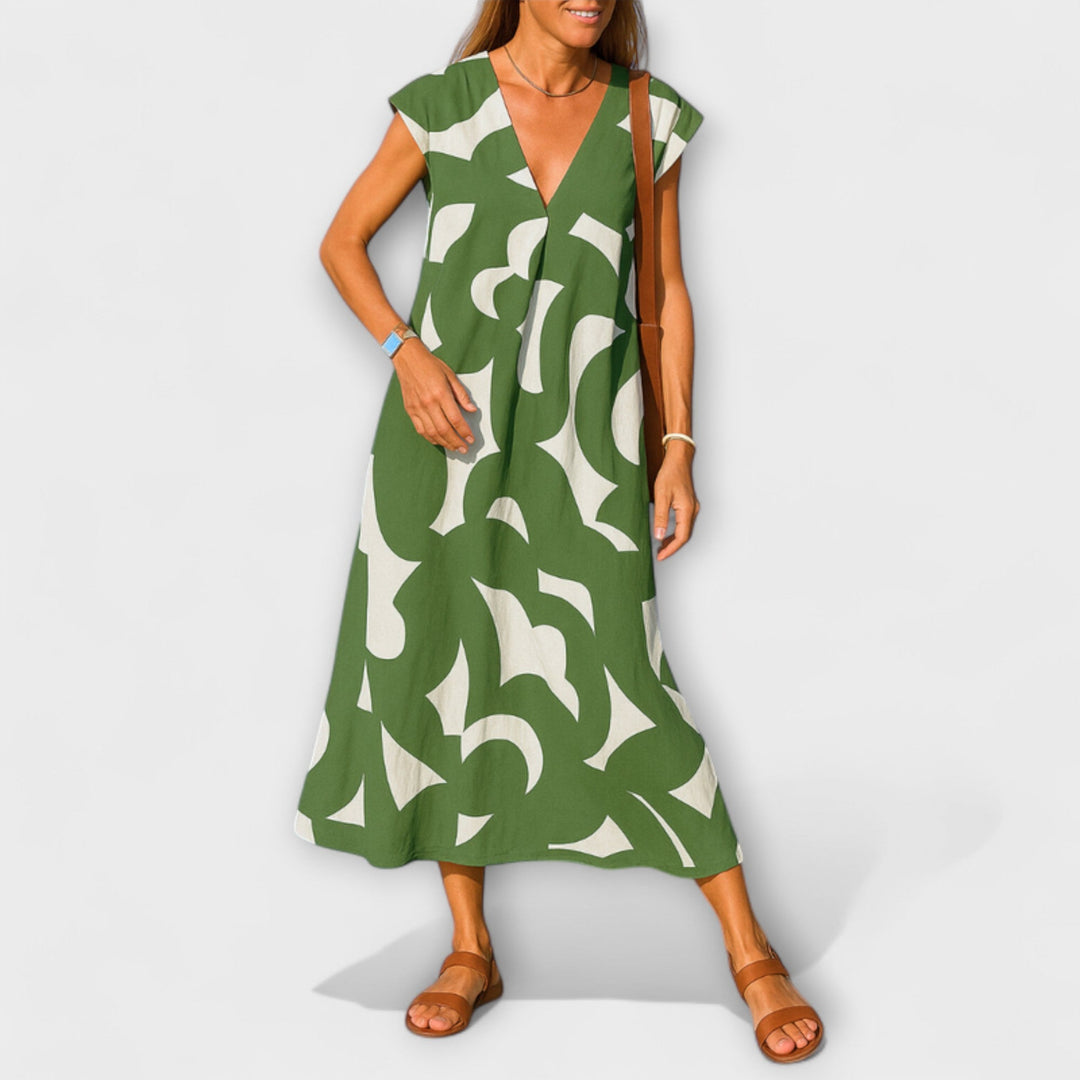 Tirzah - Elegant V-Neck Dress with Geometric Print