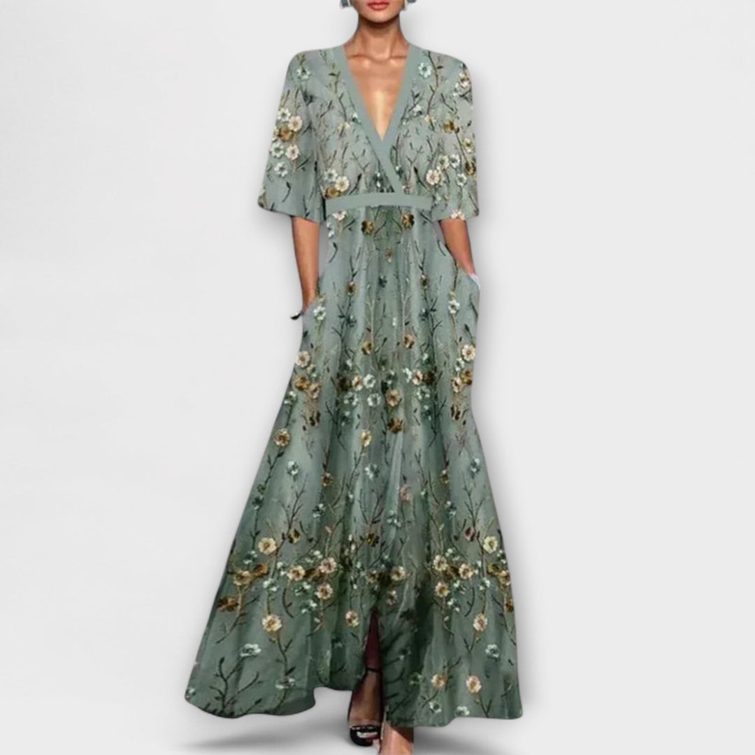 Ruby - Floral Maxi Dress with Belted V-Neck