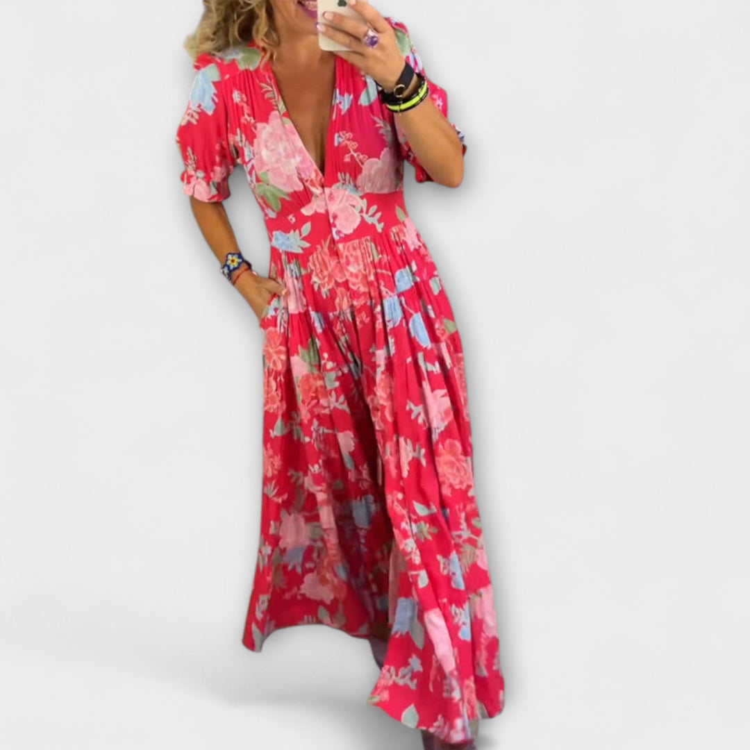 Reagan - Floral Maxi Dress with V-Neck and Short Sleeves