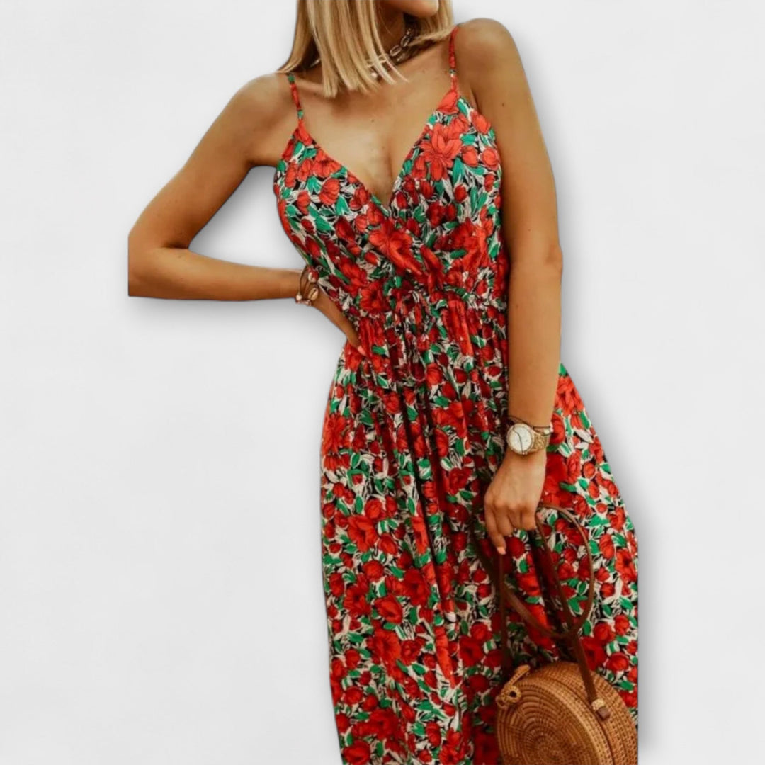 Hattie - Ruffled Waistband Commuter Dress with Printed Design