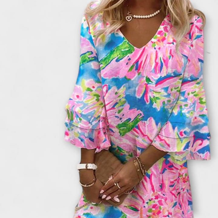 Sylvie - Women's Pink Mini Dress Featuring Bell Sleeves