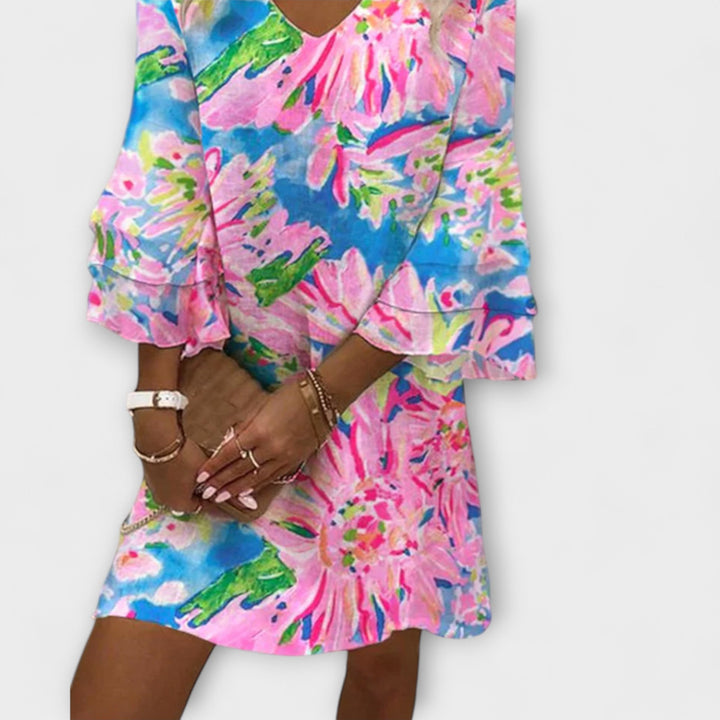 Sylvie - Women's Pink Mini Dress Featuring Bell Sleeves