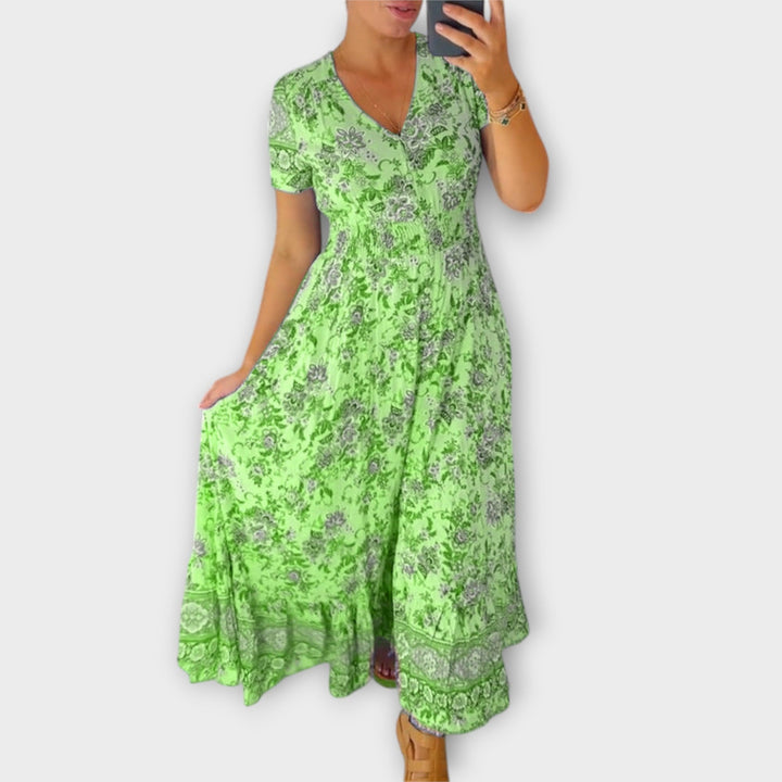 Ellie - Chic Floral V-Neck Dress with Pleated Hem