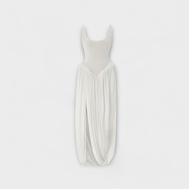 Draped Maxi Dress with Sculptural Skirt and Side Slit