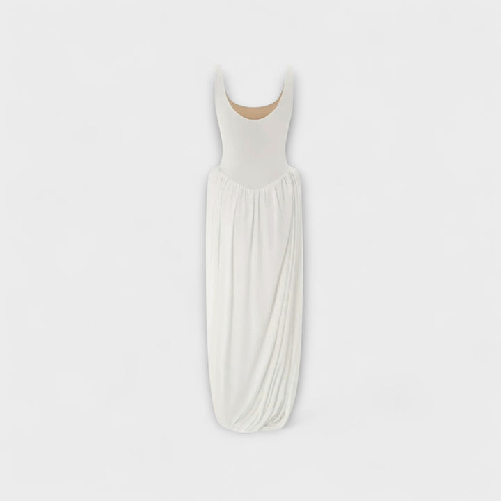 Draped Maxi Dress with Sculptural Skirt and Side Slit