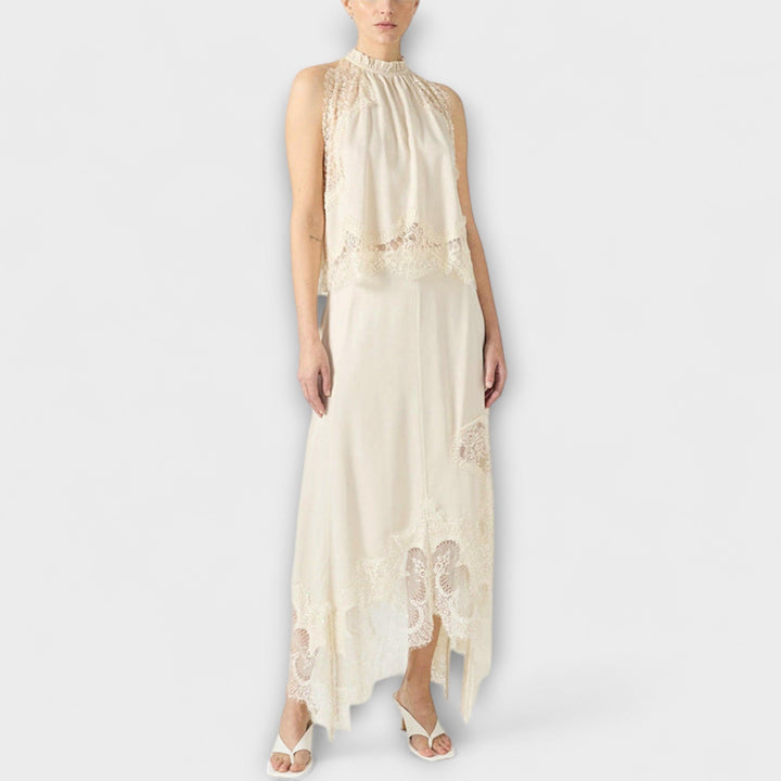 Kaia - Satin Blouse with Lace Trim and Pleated Neckline Set