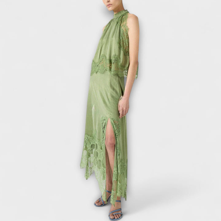 Kaia - Satin Blouse with Lace Trim and Pleated Neckline Set