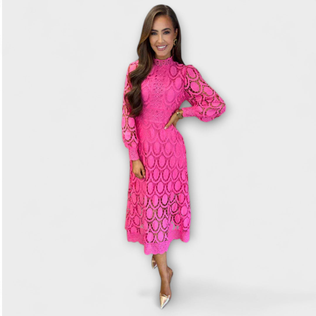 Lennon - Women's Long Dress with Stand Collar and Cut-Out Design