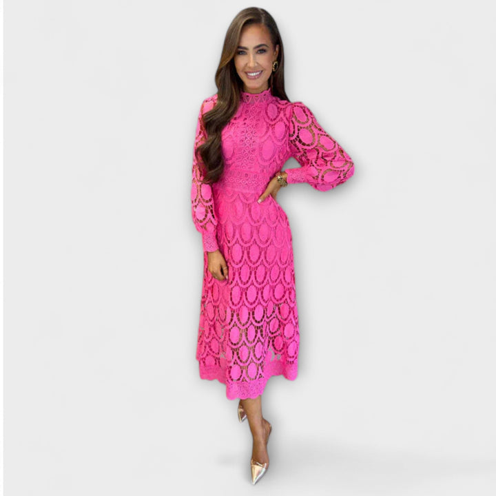 Lennon - Women's Long Dress with Stand Collar and Cut-Out Design