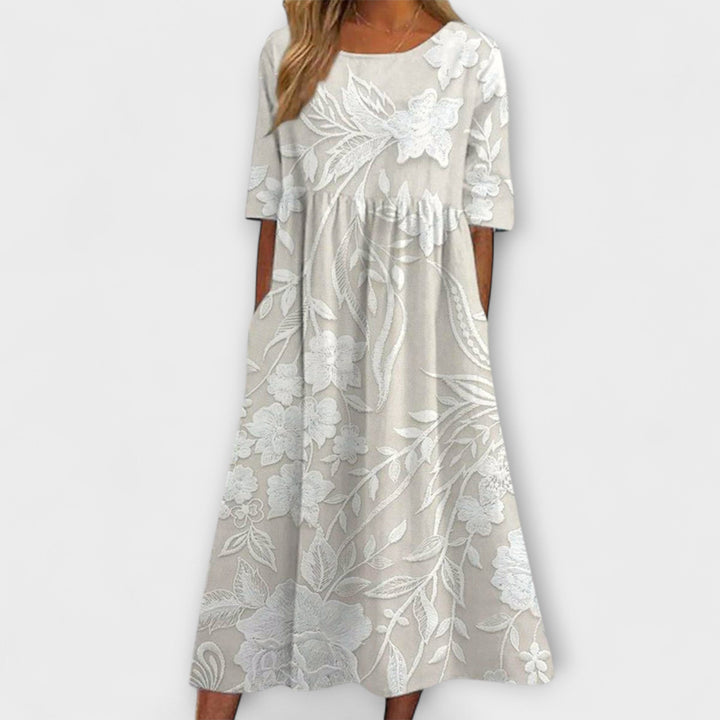 Dovie - Classic Long Floral Dress with 3/4 Sleeves