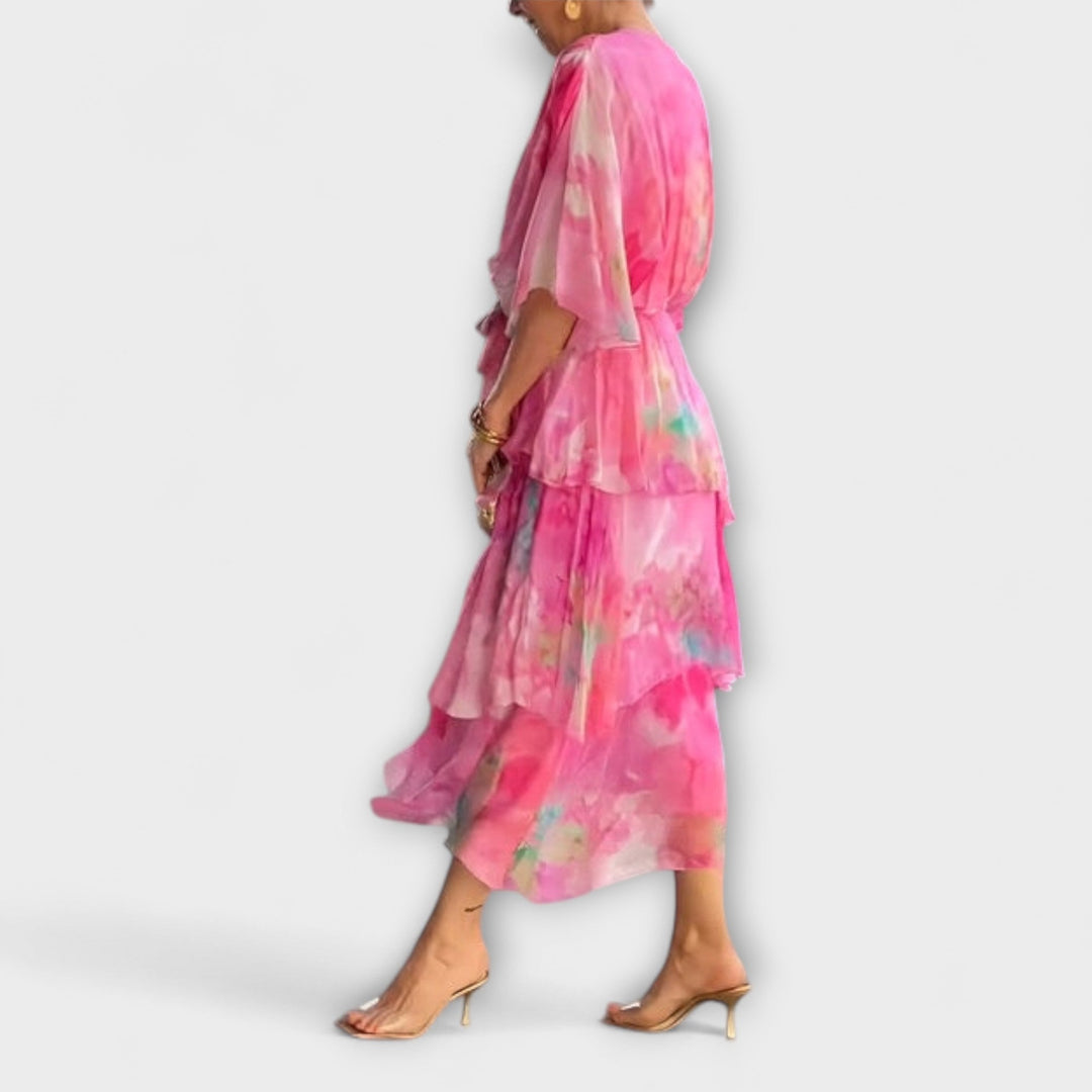 Nysa - Tiered Chiffon Dress with Spring Floral Print