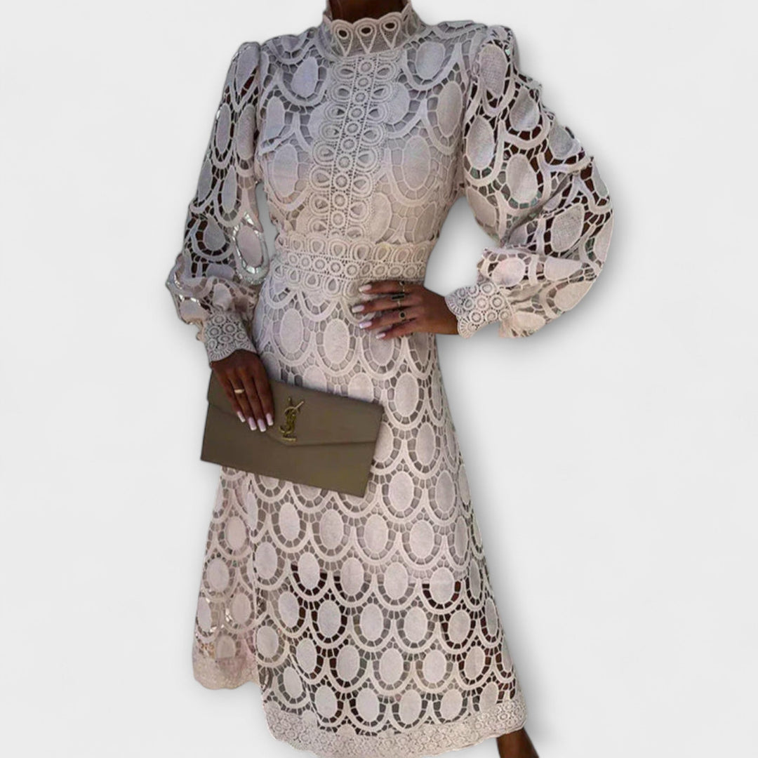 Lennon - Women's Long Dress with Stand Collar and Cut-Out Design