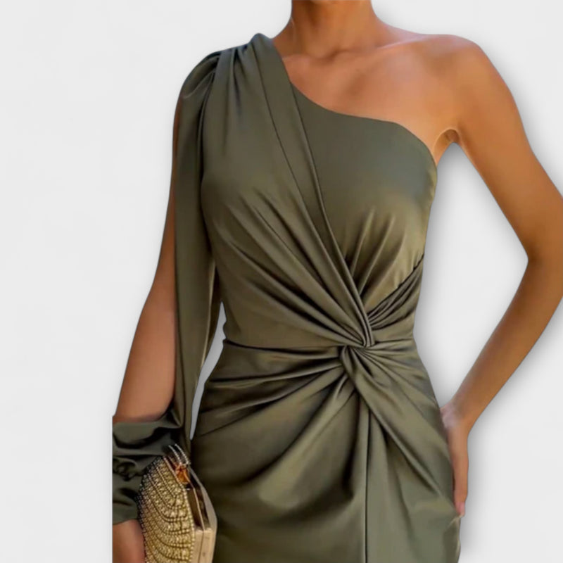 Odessa - Asymmetrical Ruched Midi Bandage Dress