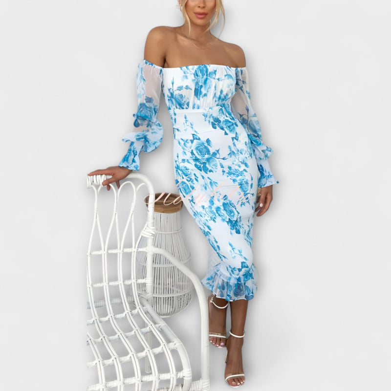 Nadia - Off-Shoulder Floral Midi Dress with Smocked Waist