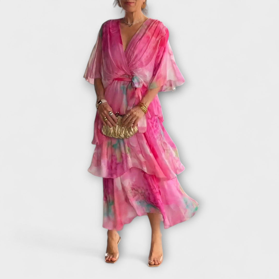 Nysa - Tiered Chiffon Dress with Spring Floral Print