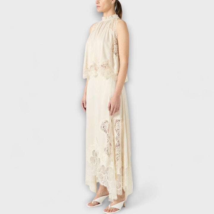 Kaia - Satin Blouse with Lace Trim and Pleated Neckline Set