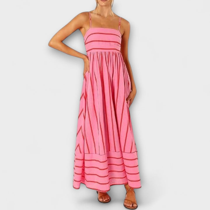 Elsie - Women's Striped Maxi Dress with Slash Neck