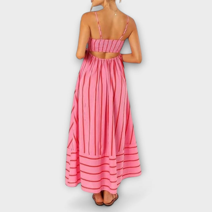 Elsie - Women's Striped Maxi Dress with Slash Neck