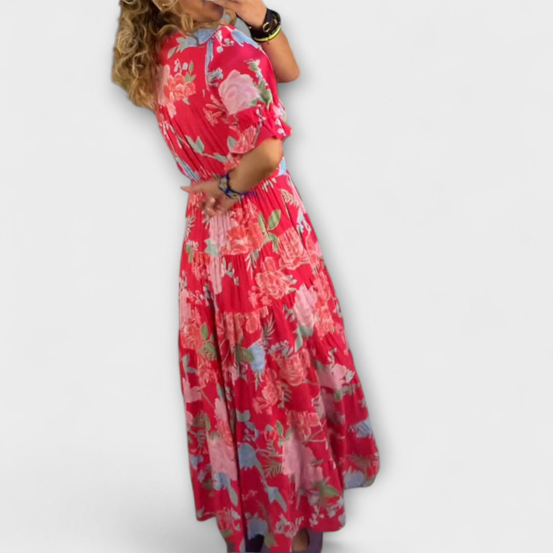 Reagan - Floral Maxi Dress with V-Neck and Short Sleeves