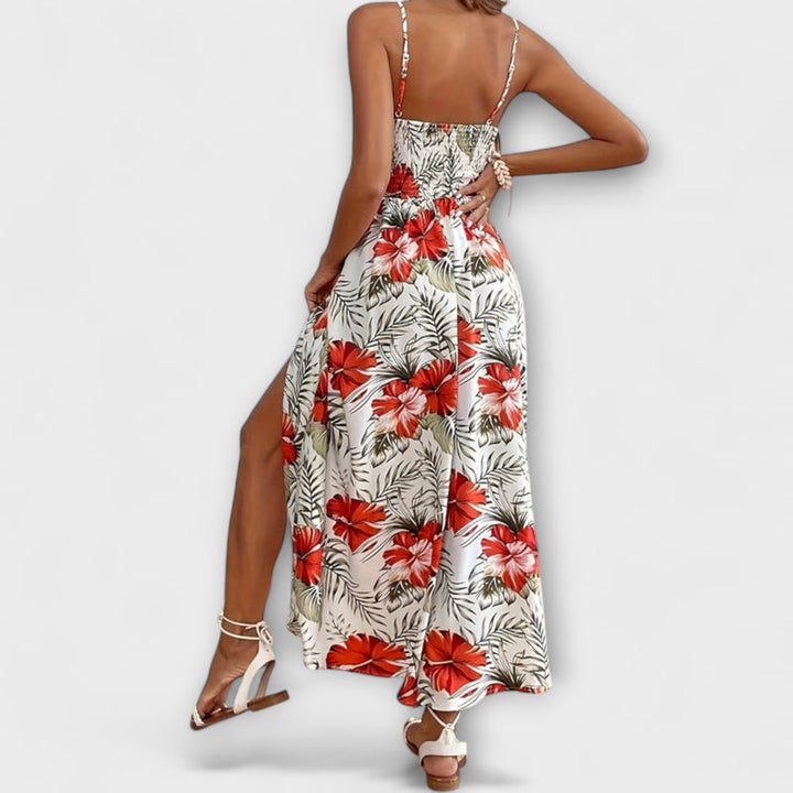 Lena - Maple Floral V-Neck Maxi Dress with Suspenders