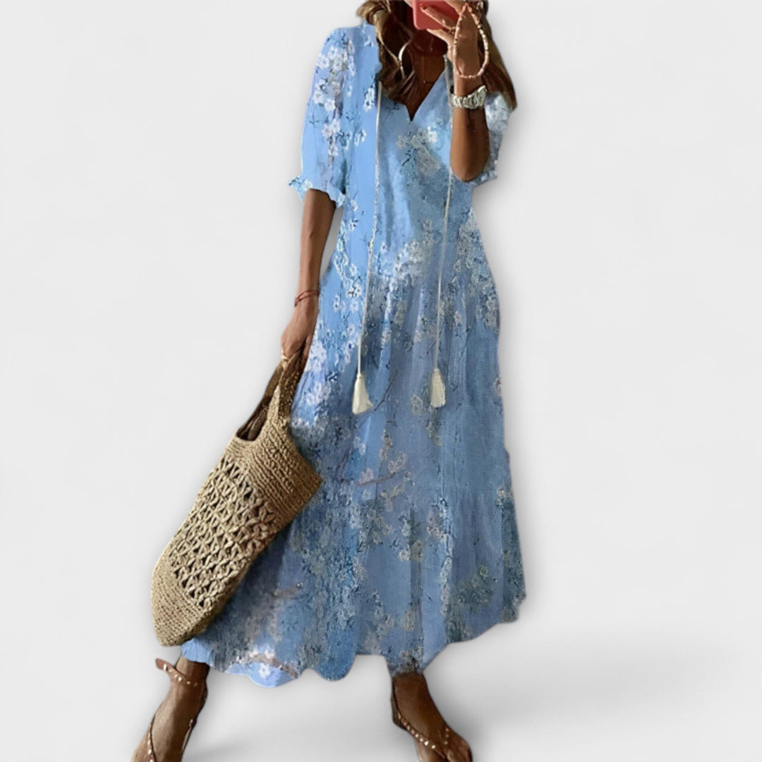 Andrea - Vintage-Inspired Boho V-Neck Printed Dress