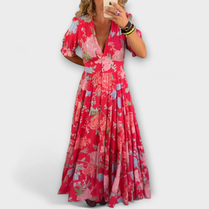 Reagan - Floral Maxi Dress with V-Neck and Short Sleeves