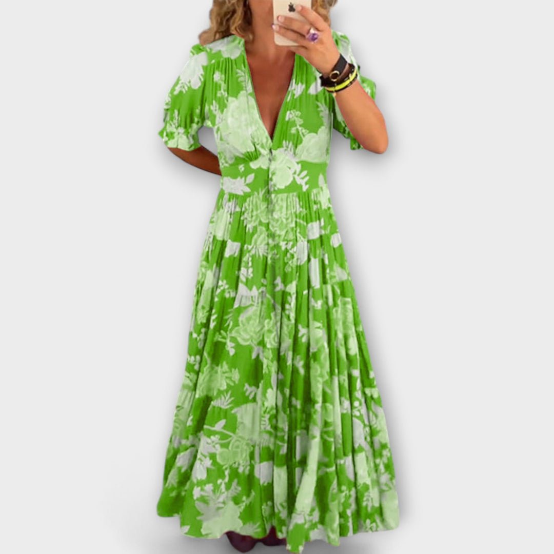 Reagan - Floral Maxi Dress with V-Neck and Short Sleeves