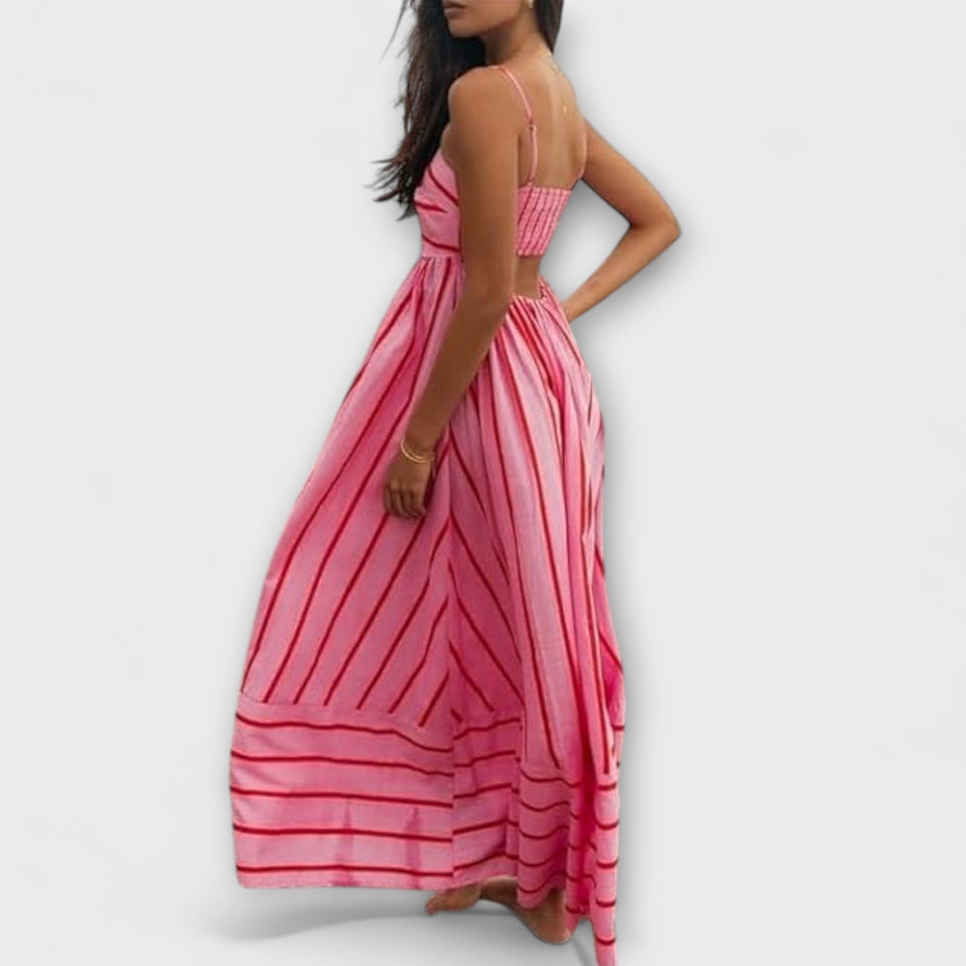 Elsie - Women's Striped Maxi Dress with Slash Neck