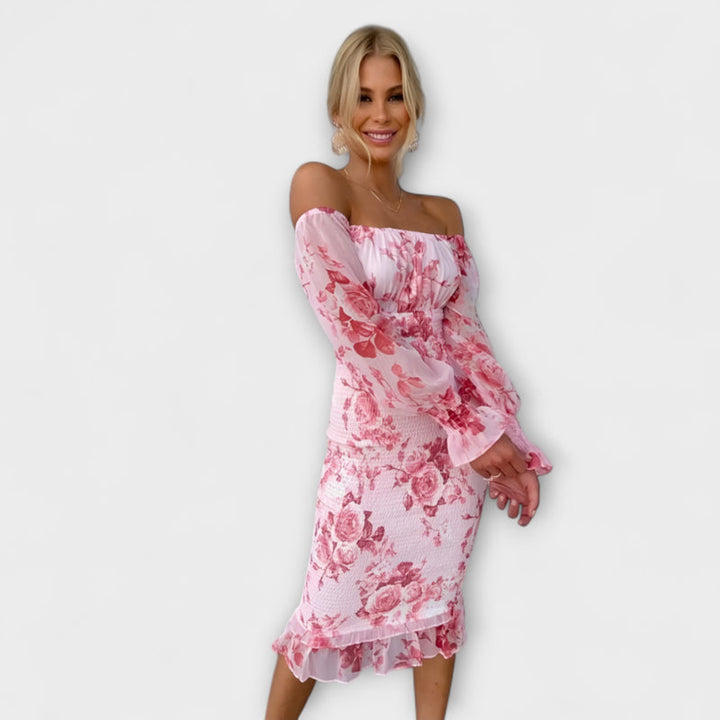 Nadia - Off-Shoulder Floral Midi Dress with Smocked Waist