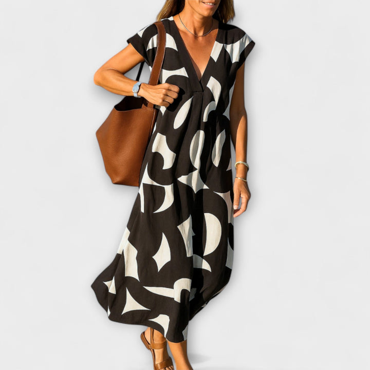 Tirzah - Elegant V-Neck Dress with Geometric Print
