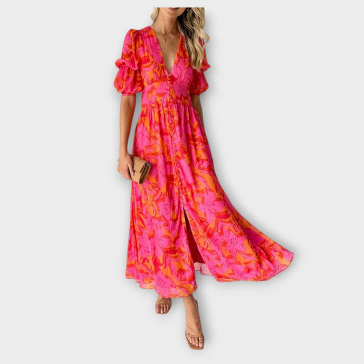 Clara – Chic V-Neck Maxi Dress with Puff Sleeves