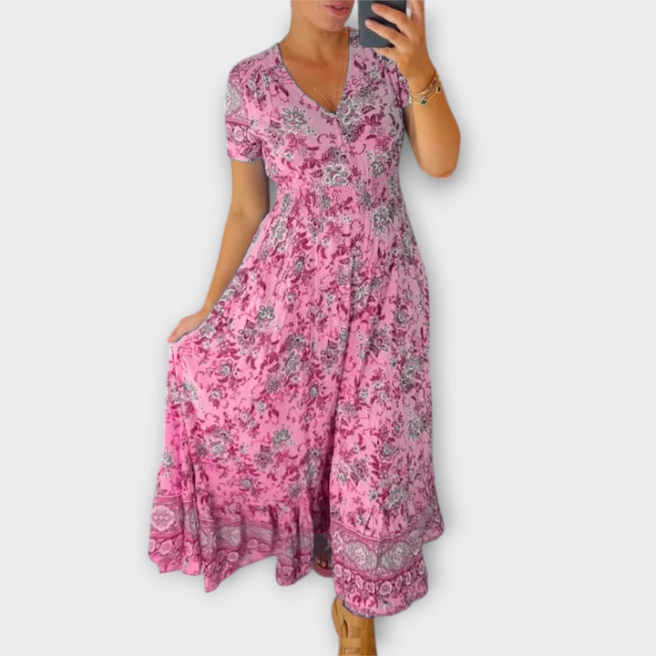 Ellie - Chic Floral V-Neck Dress with Pleated Hem