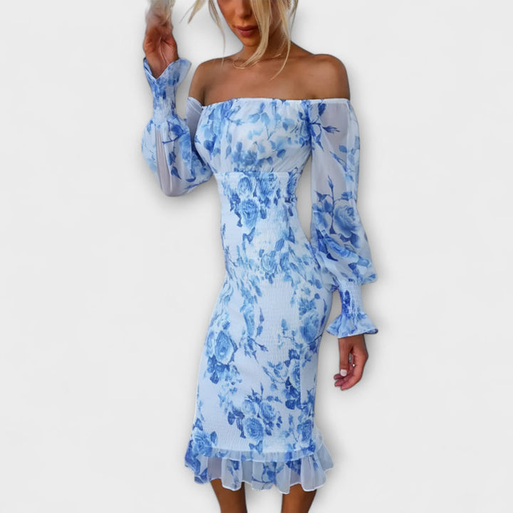 Nadia - Off-Shoulder Floral Midi Dress with Smocked Waist