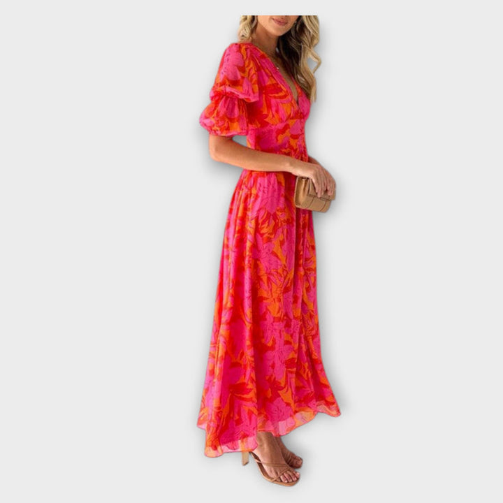 Clara – Chic V-Neck Maxi Dress with Puff Sleeves