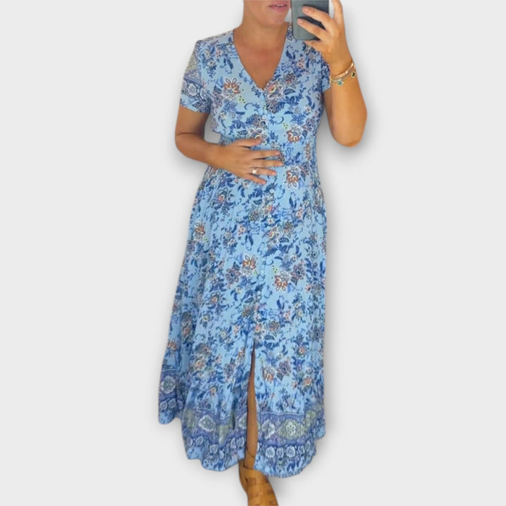 Ellie - Chic Floral V-Neck Dress with Pleated Hem