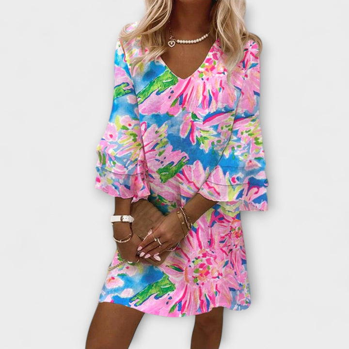 Sylvie - Women's Pink Mini Dress Featuring Bell Sleeves